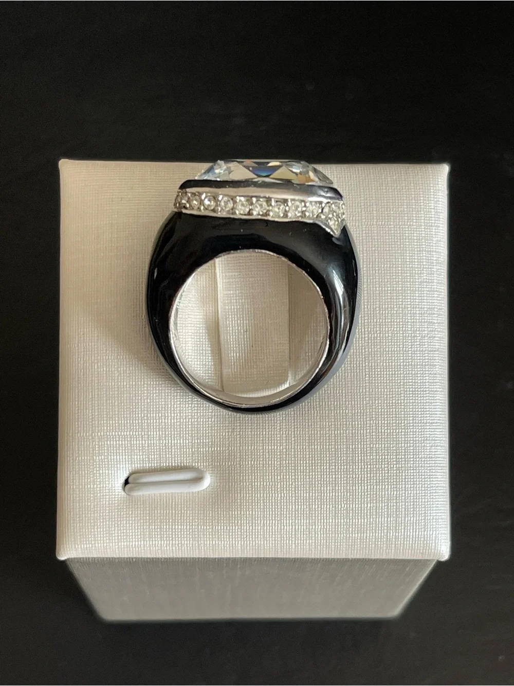 Vintage black enamel & Clear Oval Crystal Cocktail Ring.